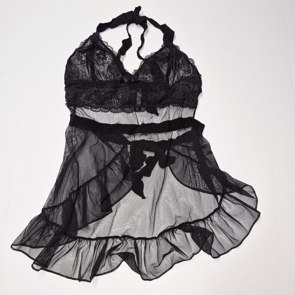 Vtg Victoria's Secret Sexy Little Things Black Lace Halter Mesh Babydoll S/P Y2K